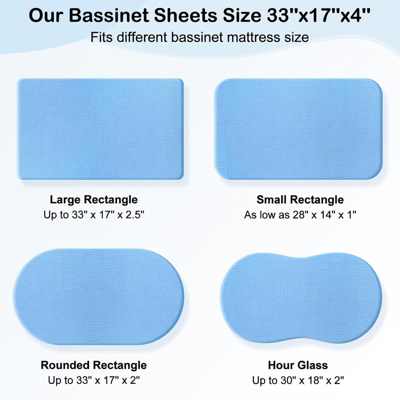 BeBeJoJo Baby Bassinet Sheets TPU Waterproof 2 Pack Soft Muslin Bedside Bassinet Mattress Sheets with Bottom Elastic Band for Baby Boy Girls Unisex Fit Hourglass Oval and Rectangle, Blue - Image 5